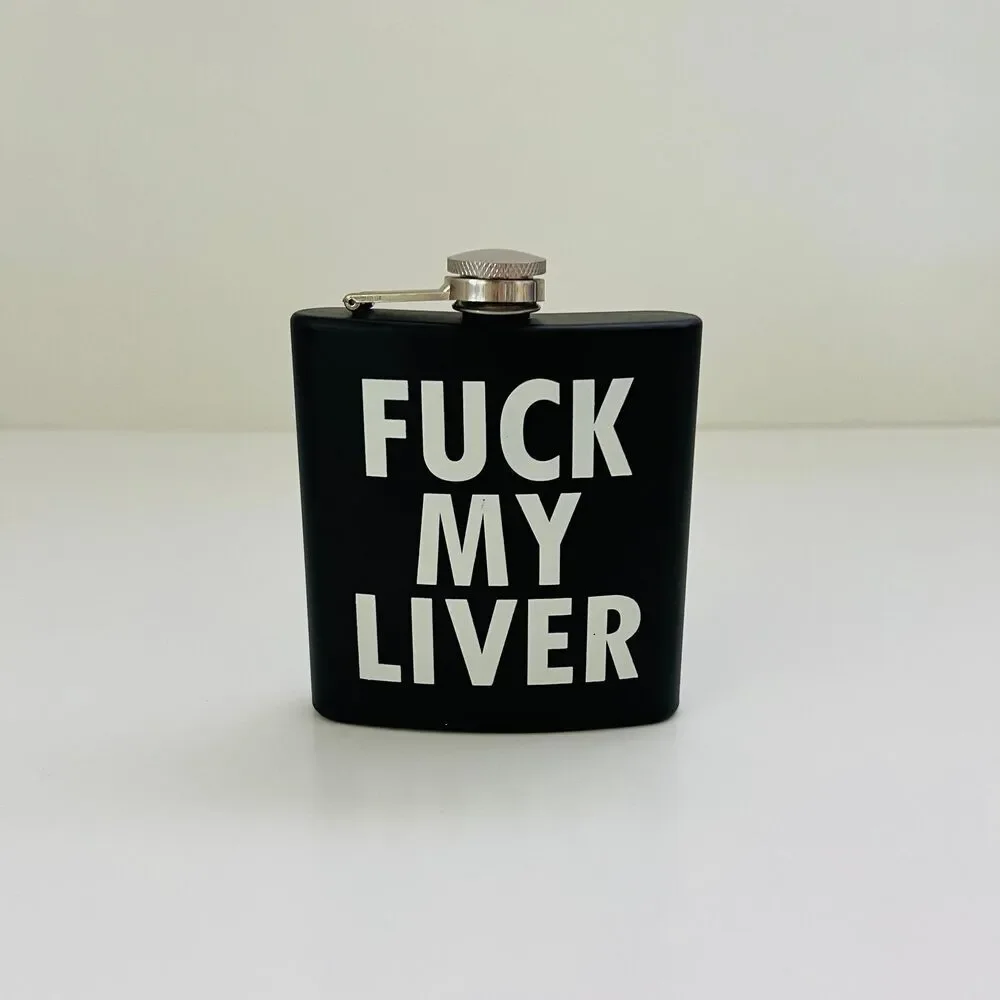 URBAN OUTFITTERS Matte Black White Lettering F**k My Liver Hip Flask